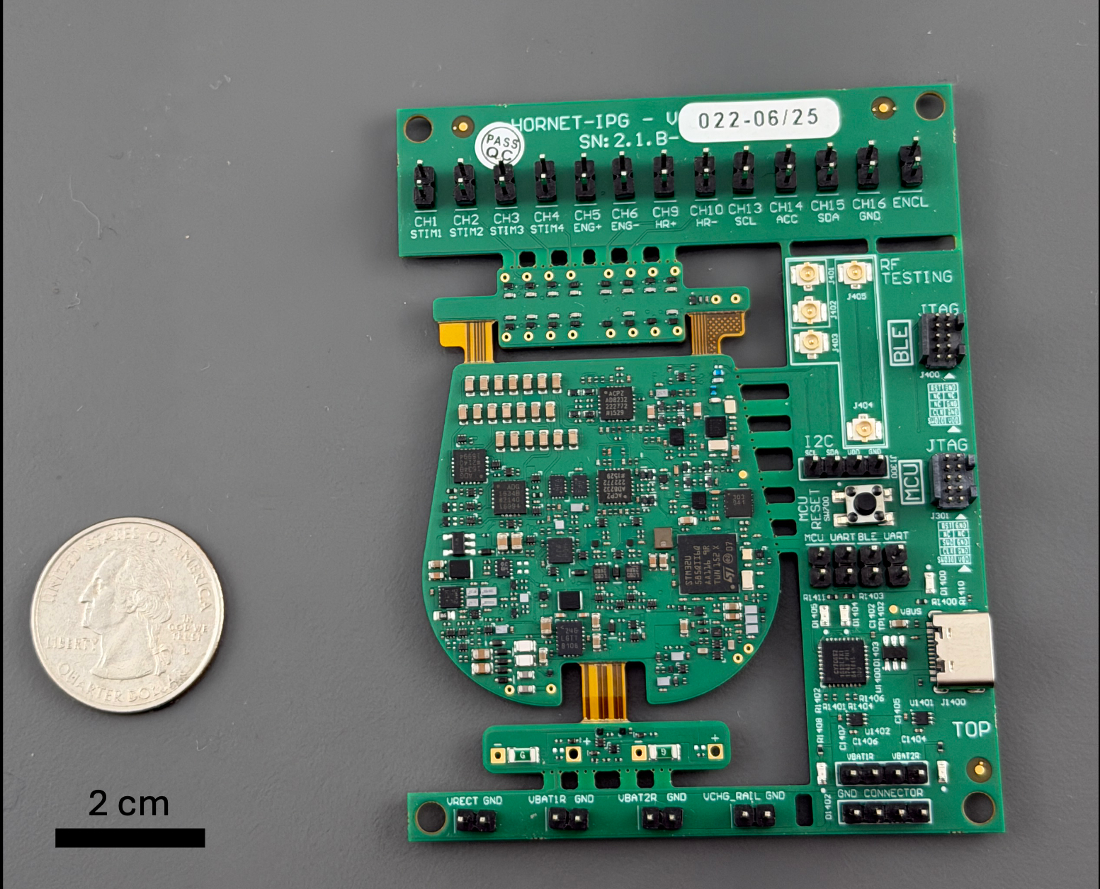 Photograph of a green OpenNerve development board PCBA in its manufacturing frame, showing the labeled CH1–CH16 breakout header, a USB-C connector, and BLE/MCU JTAG and SWD header pins