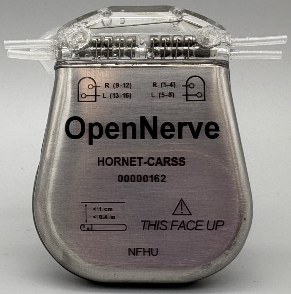 Photograph of an assembled OpenNerve implantable pulse generator, unit 00000162