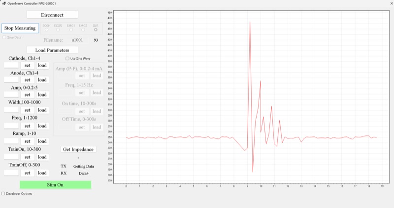 Screenshot of the OpenNerve Controller Windows app, showing a captured waveform and stimulation parameter controls